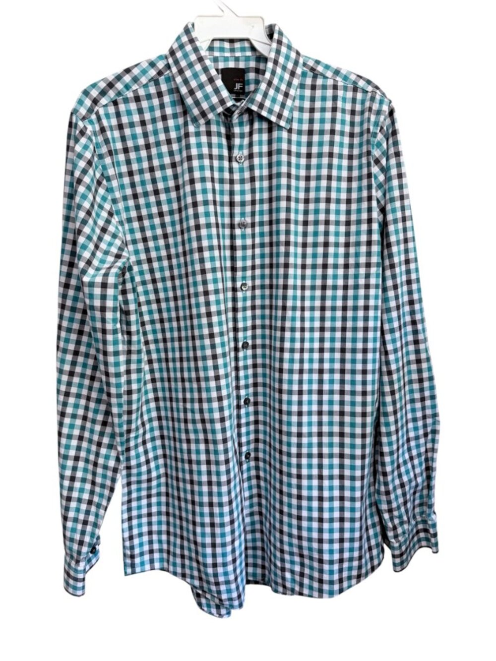 JF J. Ferrar Slim Fit Men's Dress Shirt Mechanical Stretch Teal Checkered M EUC